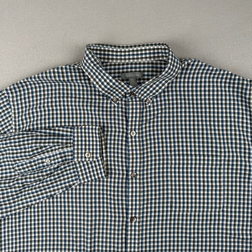 Van Heusen Button Down Shirt Men XXL Blue Green Gingham Check Long Sleeve Pocket
